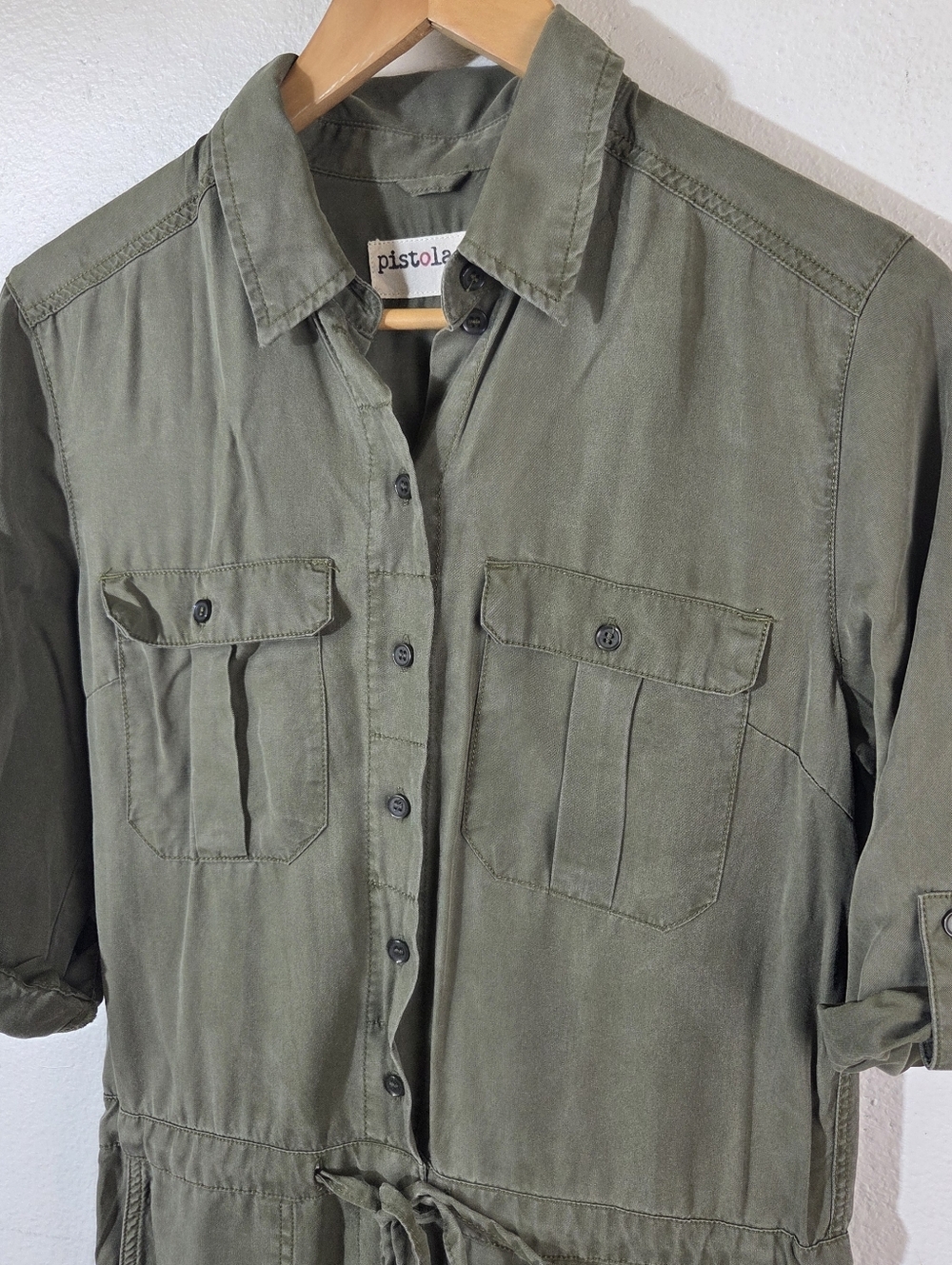 Pistola Olive Green Tencel Utility Romper Womens Small Button Front Drawstring - Picture 12 of 15